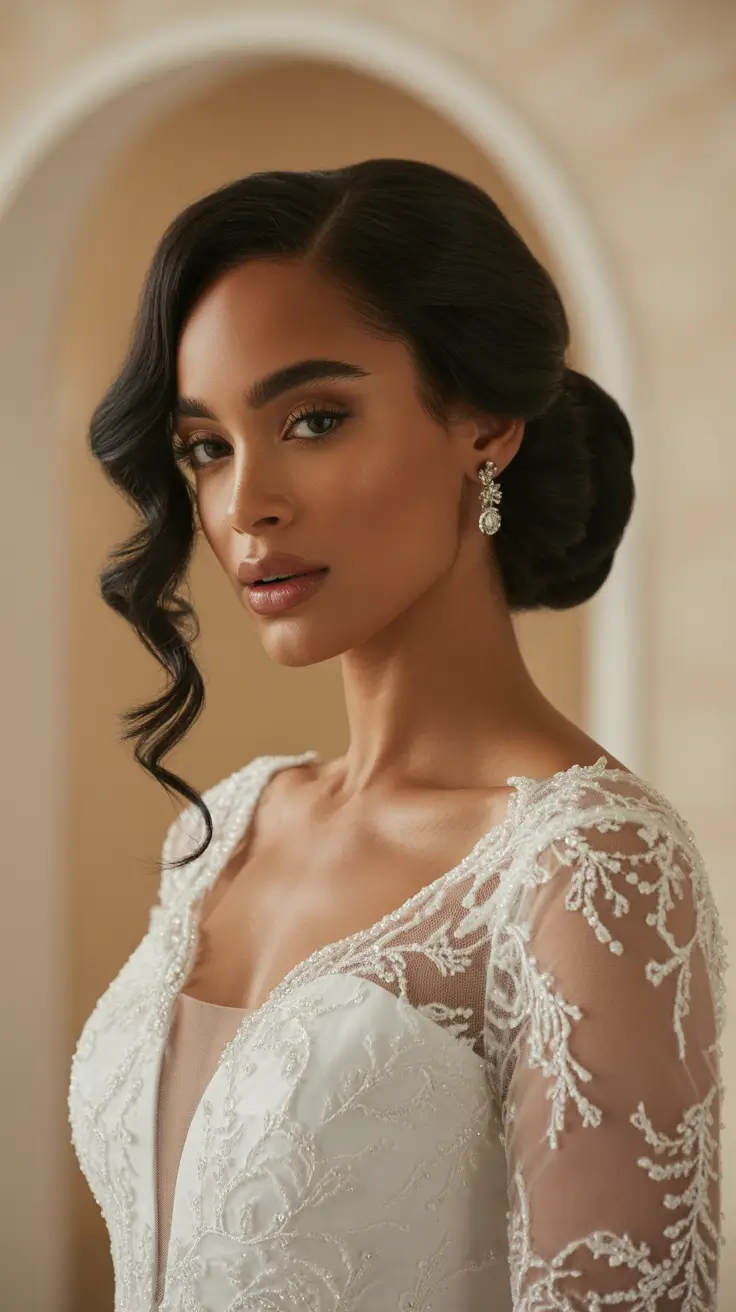 spring wedding hairstyle Sleek Low Vintage Bun with Dramatic Side Curl