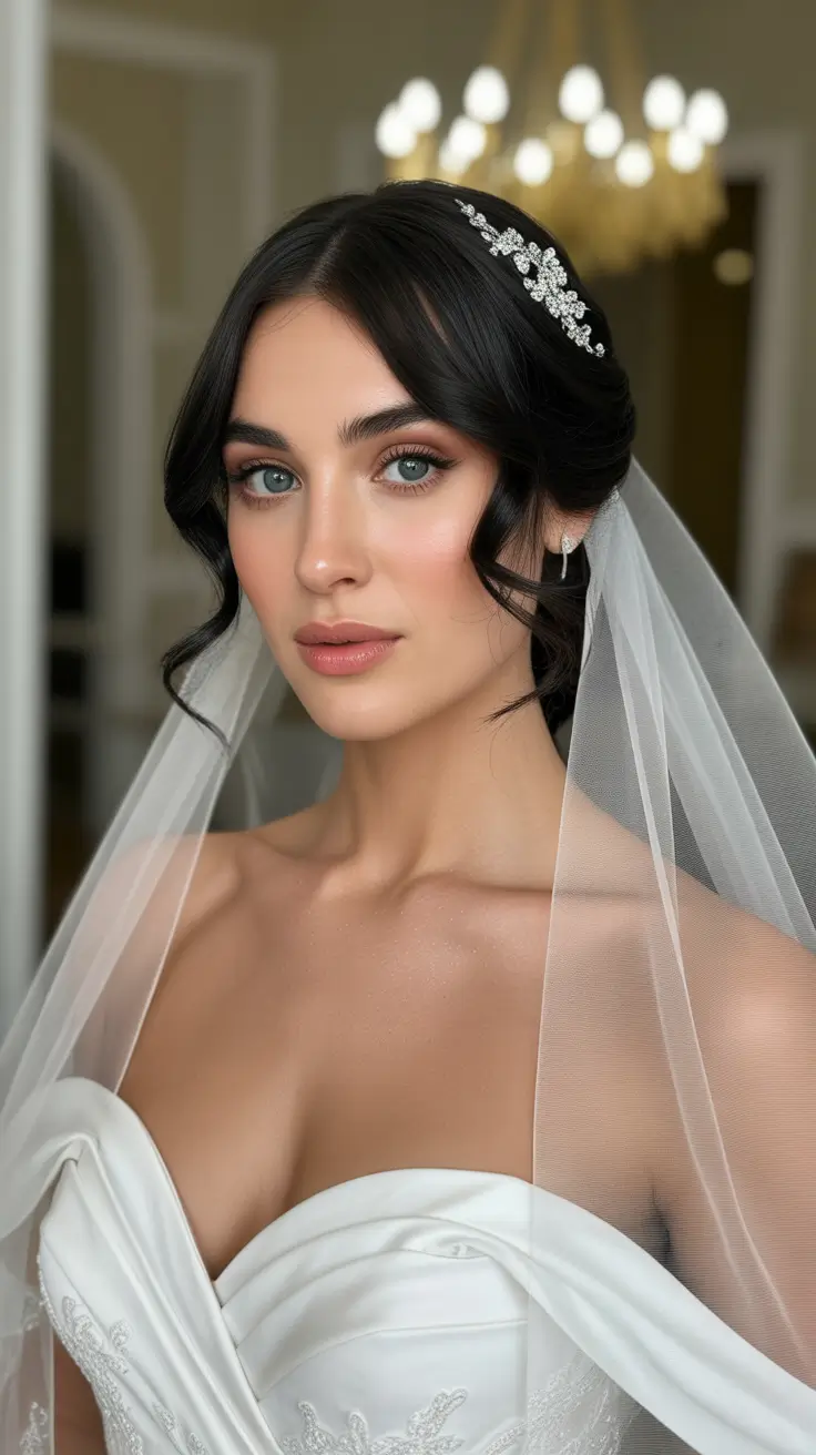 spring wedding hairstyle Classic Center-Part Updo with Crystal Headband and Veil