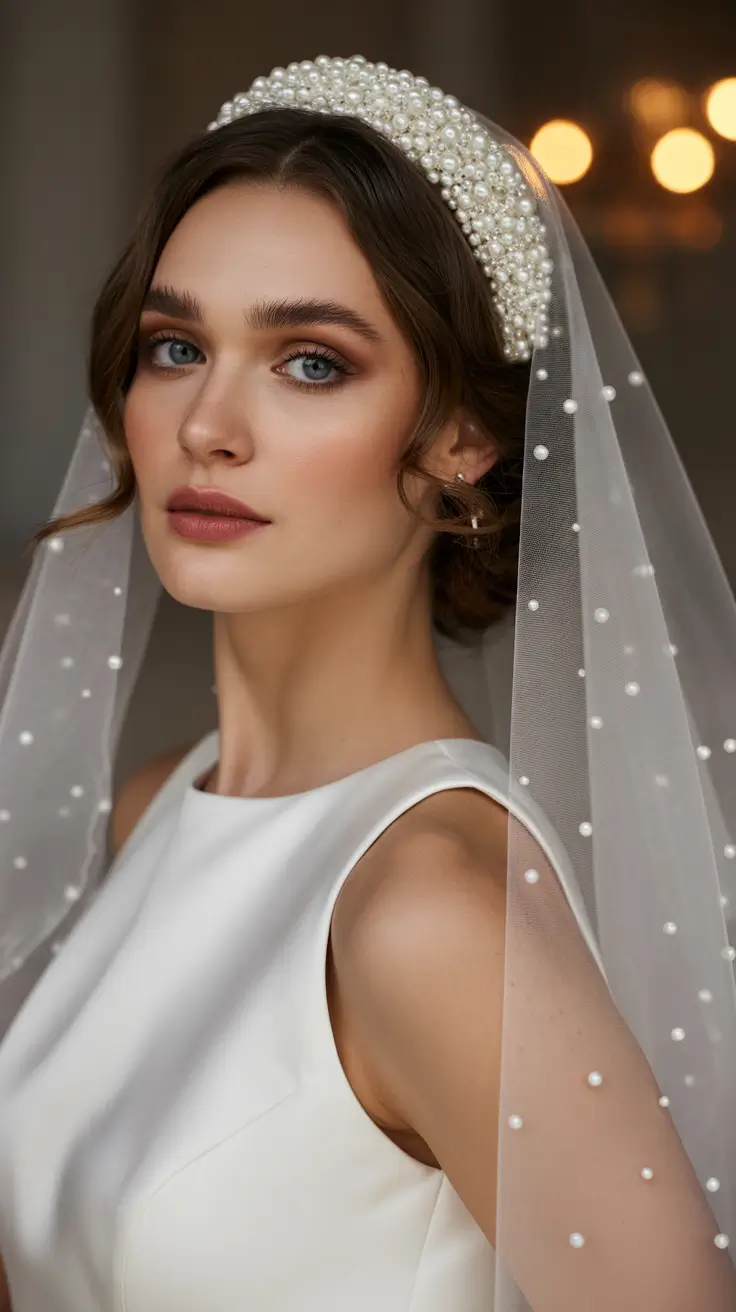 spring wedding hairstyle Pearl-Embellished Headband with Soft Veil Layers