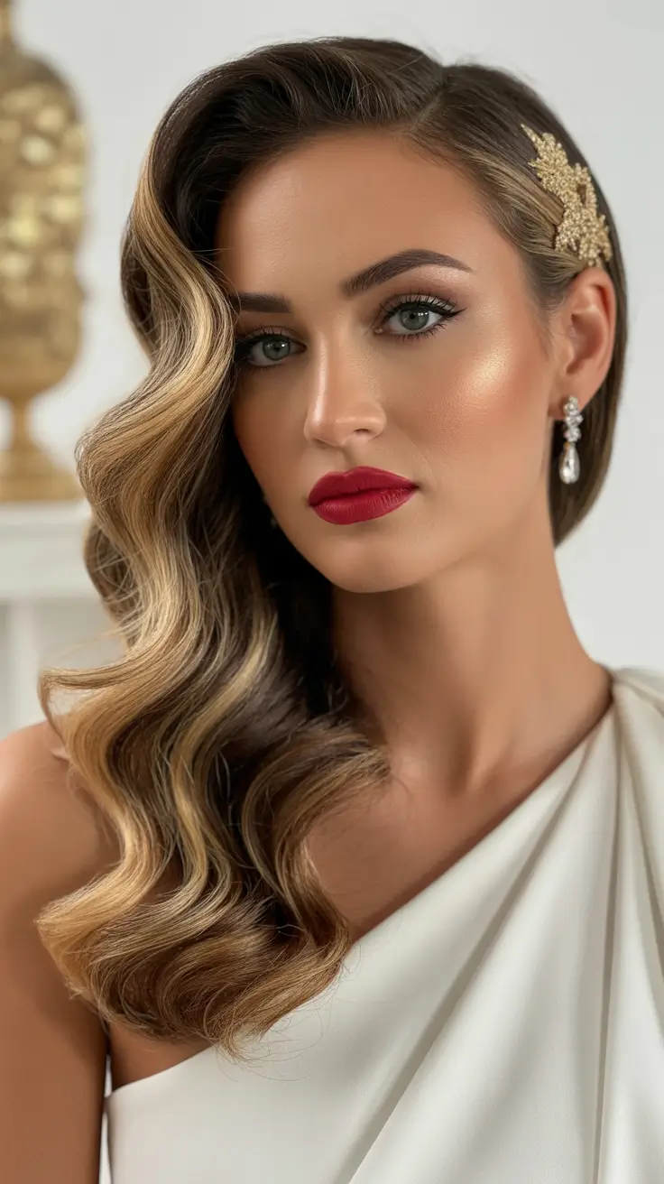 spring wedding hairstyle Side-Swept Glam Waves for a Modern Vintage Guest