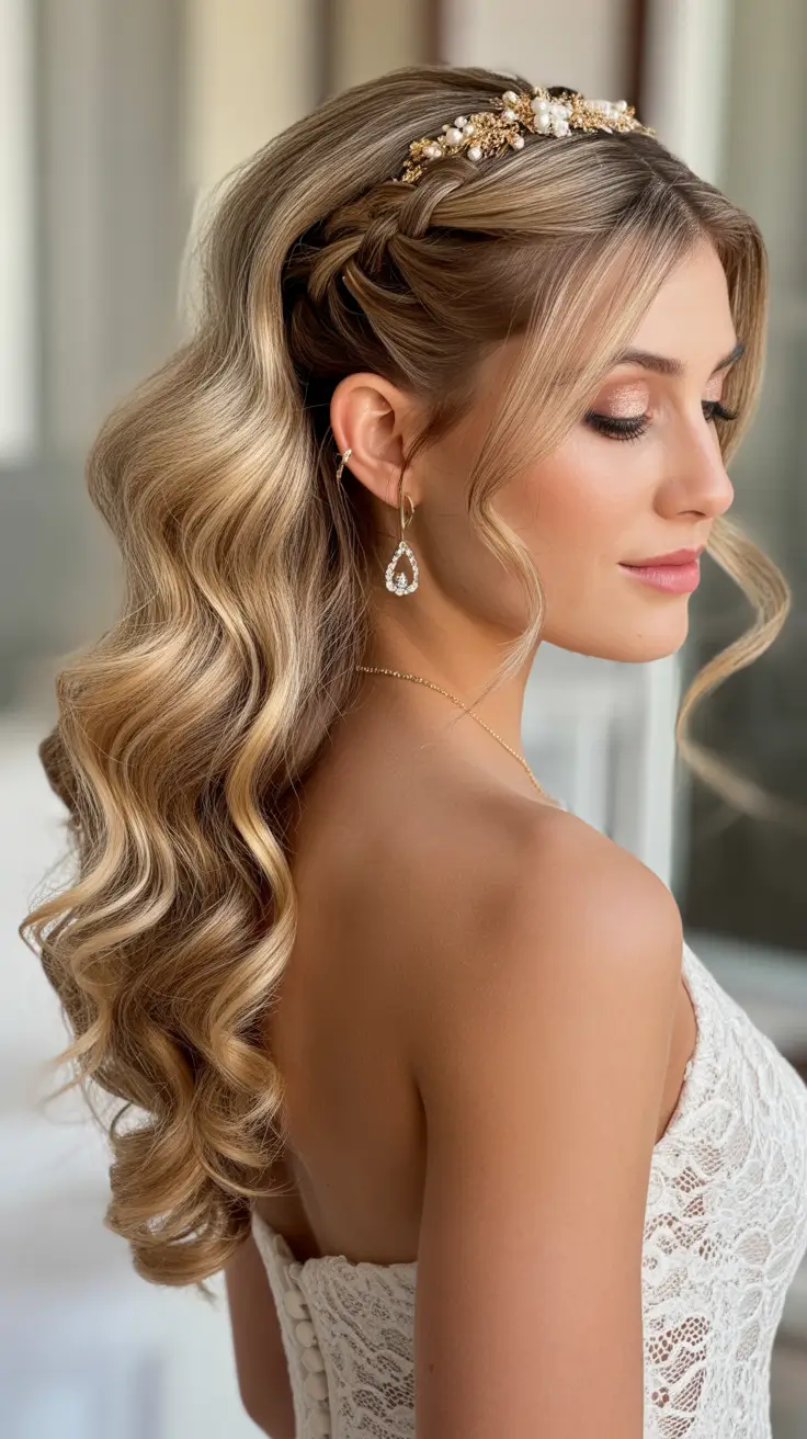 spring wedding hairstyle Half-Up Vintage Volume with Braided Crown Detail