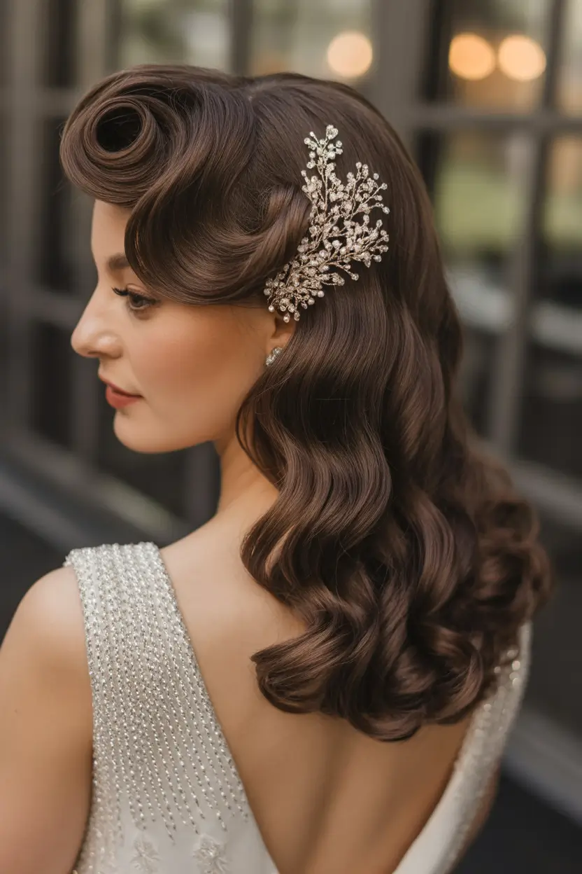 spring wedding hairstyle Vintage Roll and Glamorous Hollywood Length Waves