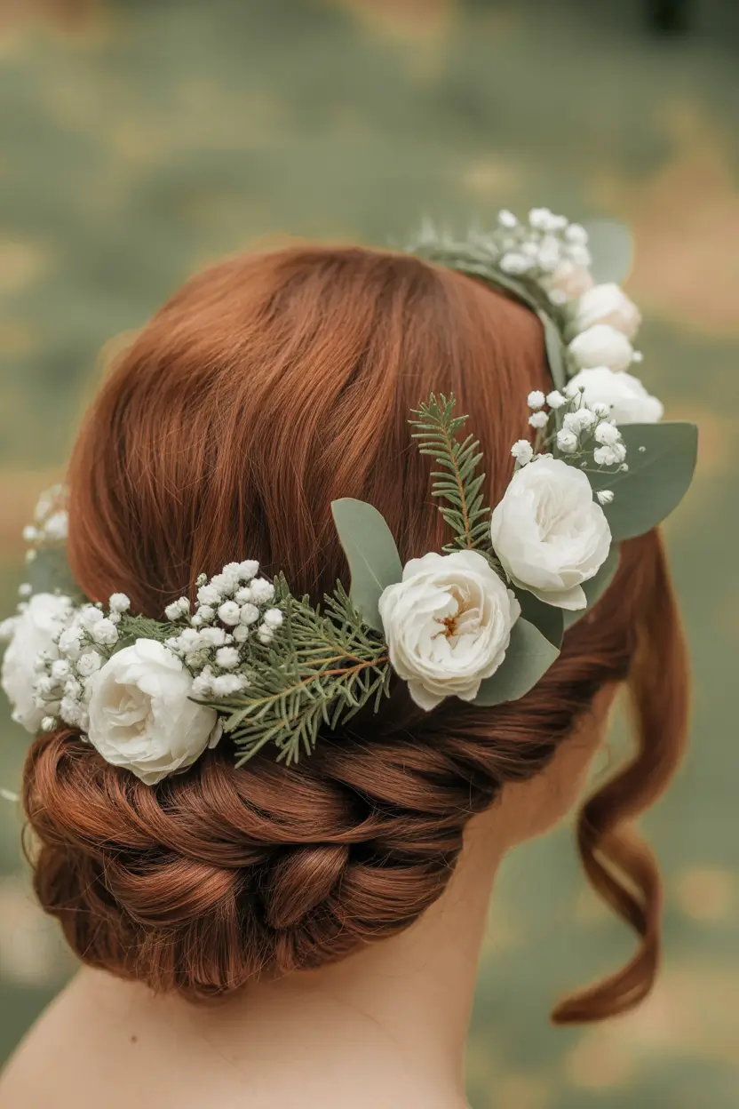spring wedding hairstyle Bohemian Vintage Braided Bun with Floral Crown