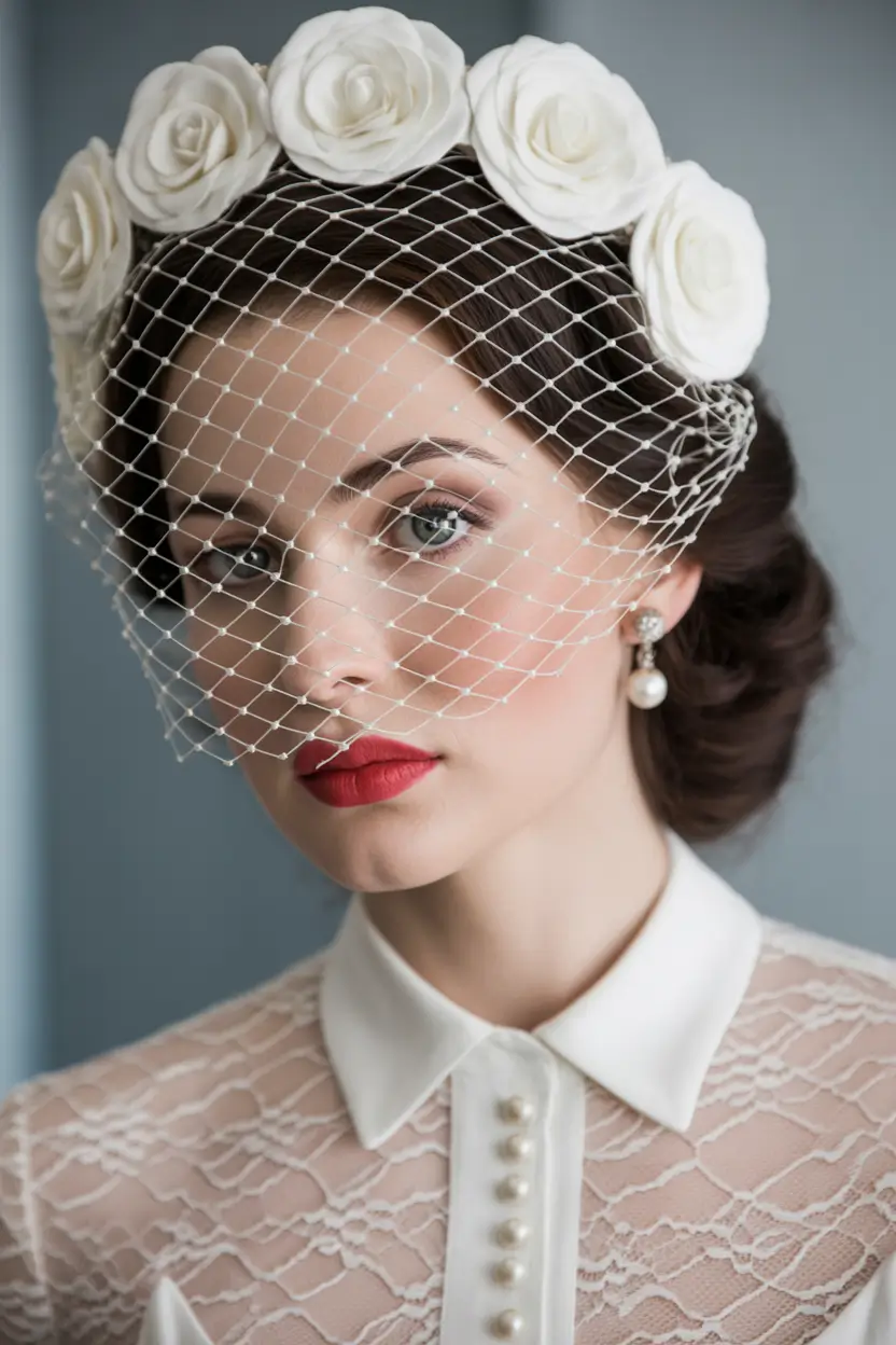 spring wedding hairstyle Floral Crown and Net Veil with Soft Vintage Roll