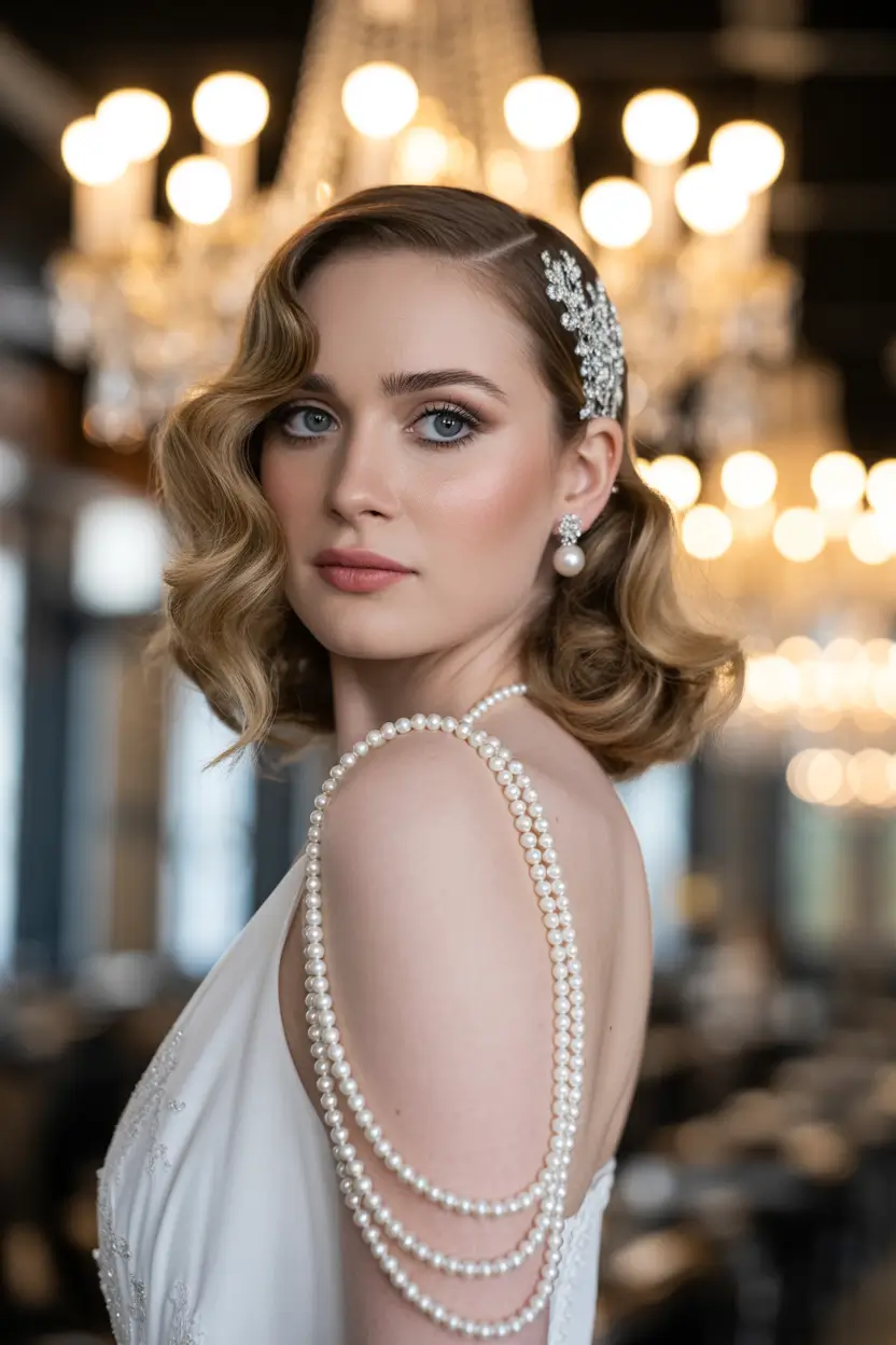 spring wedding hairstyle Short Hollywood Bob with Crystal Side Detail