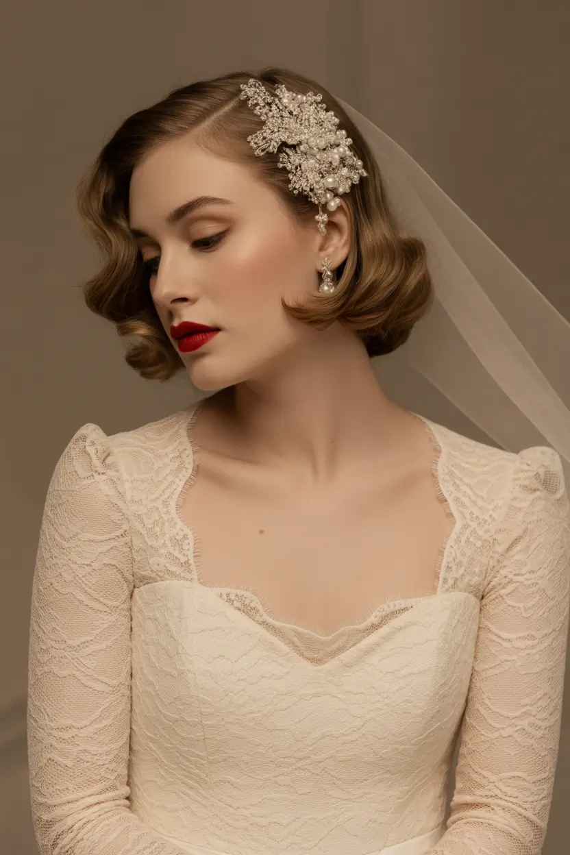 spring wedding hairstyle Vintage Finger Waves with Bridal Veil Accent
