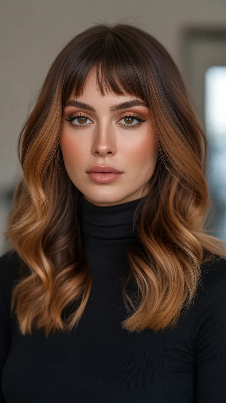 spring caramel hair color Caramel Curtain Layers With Soft Modern Fringe