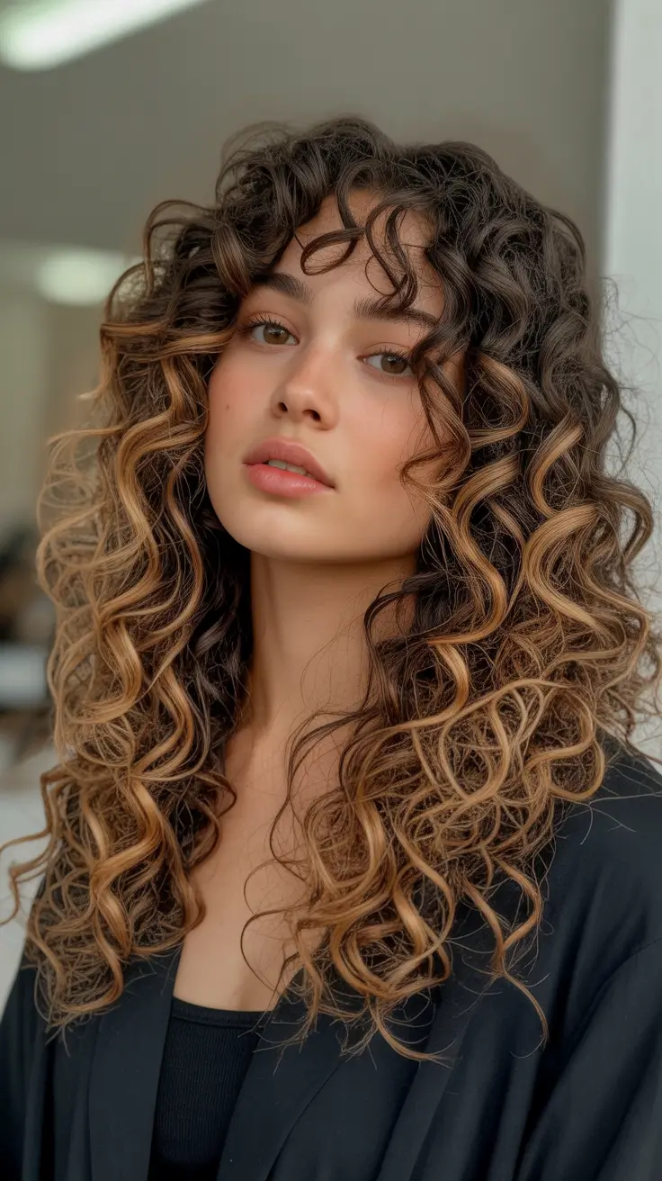 spring caramel hair color Honey Golden Curly Dimension With Lived-In Balayage