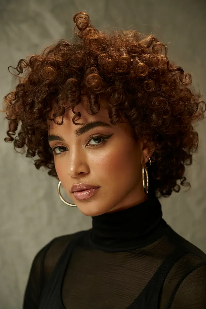 spring caramel hair color Defined Auburn Curly Crop With Sweet Spring Dimension