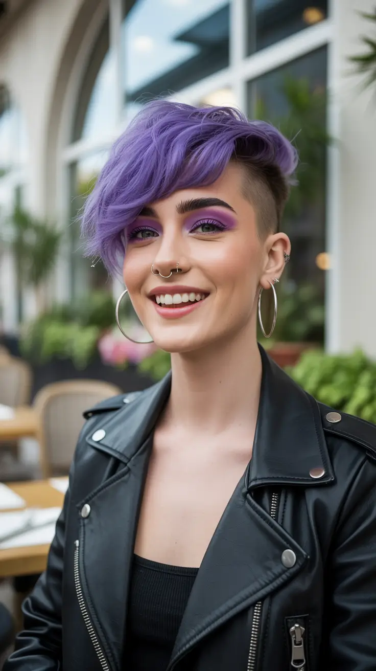 spring short Hairstyles Playful Asymmetrical Pixie With Vibrant Lavender Sweep