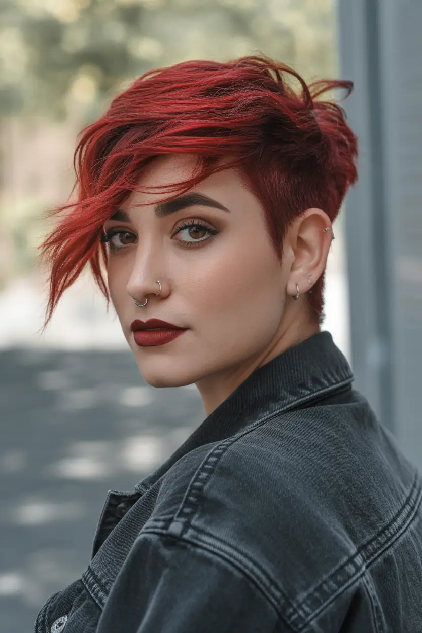 spring short Hairstyles Bold Scarlet Textured Pixie With Sweeping Side Layers