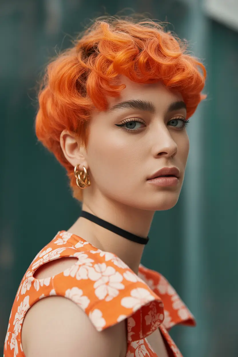 spring short Hairstyles Playful Tangerine Pixie With Short Curly Bangs