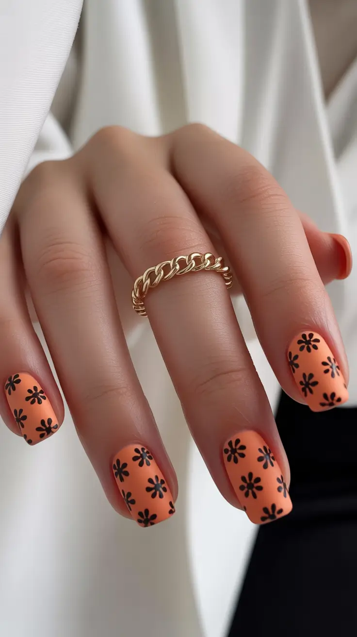 April nails color ideas 2026 Peach Floral Short Nails