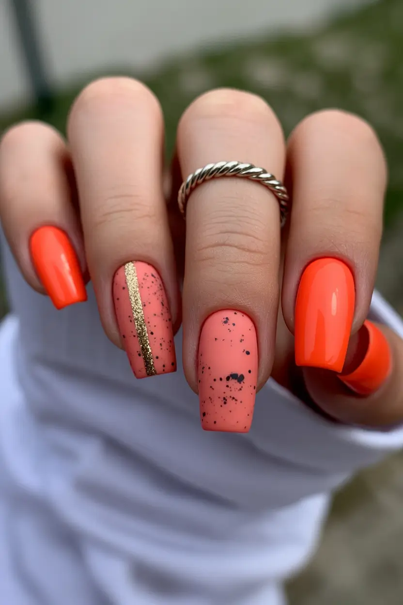 April nails color ideas 2026 Coral Nails with Gold Stripe