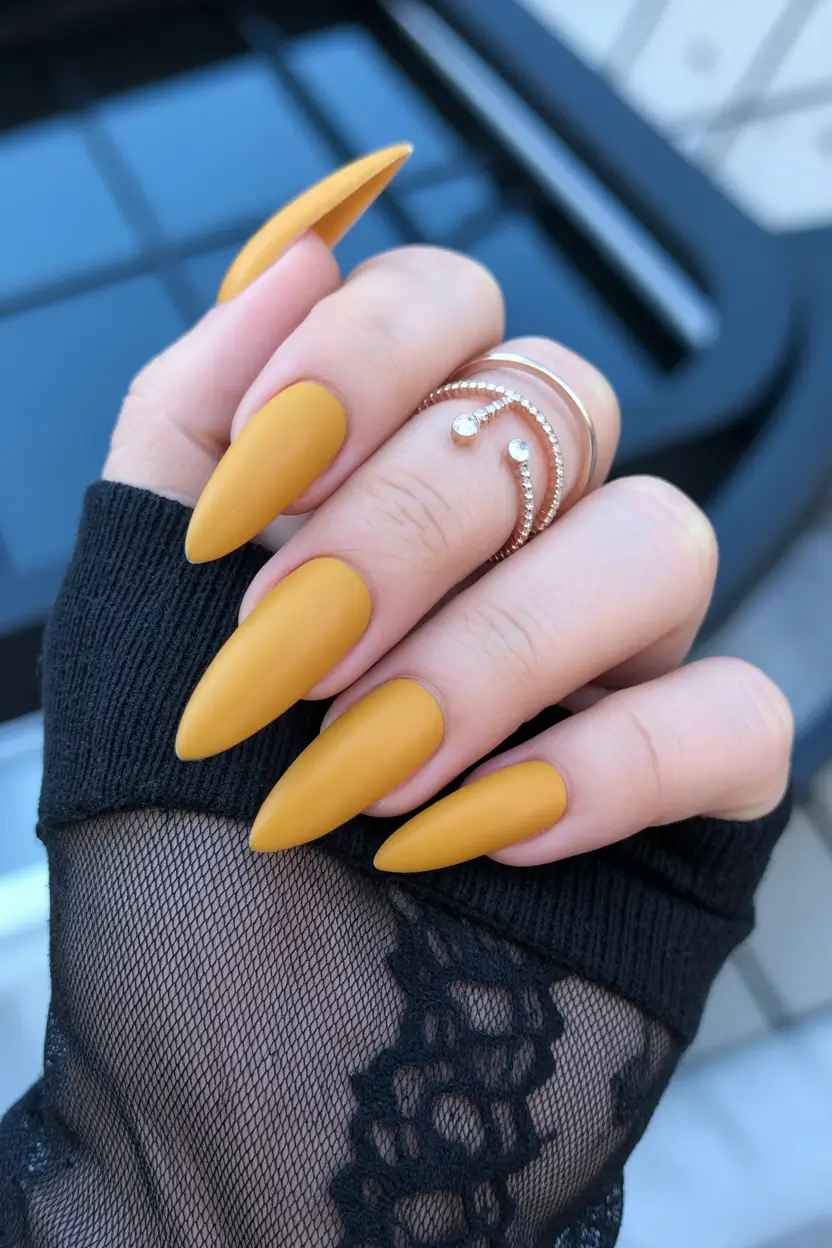 April nails color ideas 2026 Matte Mustard Almond Nails