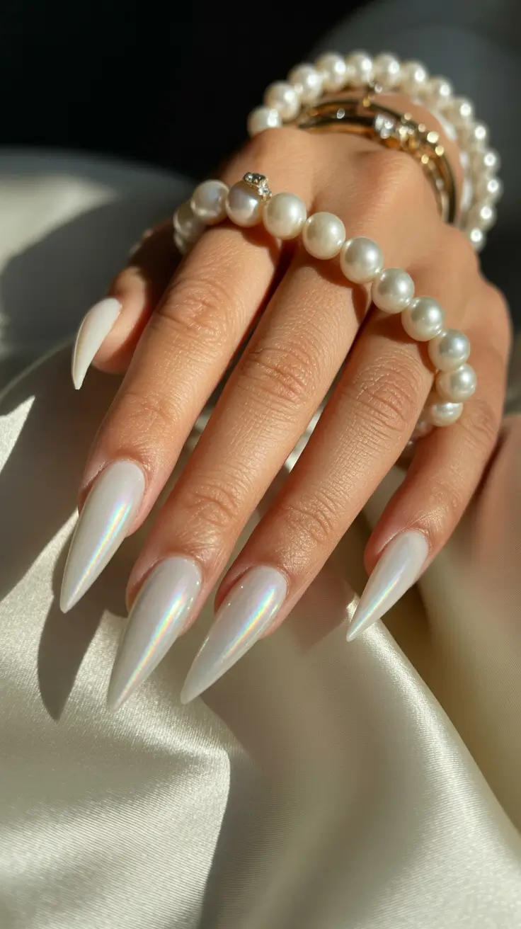 April nails color ideas 2026 Pearl Chrome Stiletto Nails