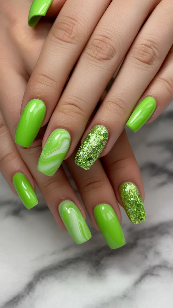 April nails color ideas 2026 Green Marble Glitter Nails