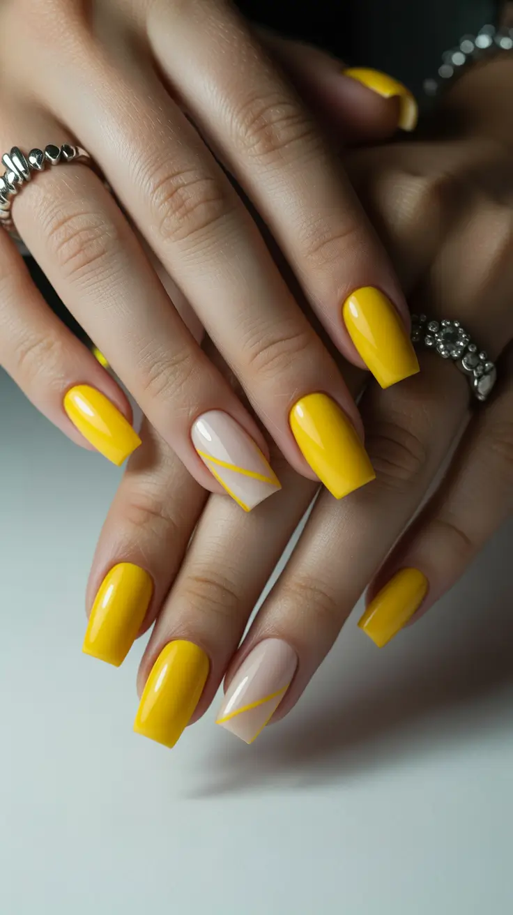 April nails color ideas 2026 Sunny Yellow Geometric Nails