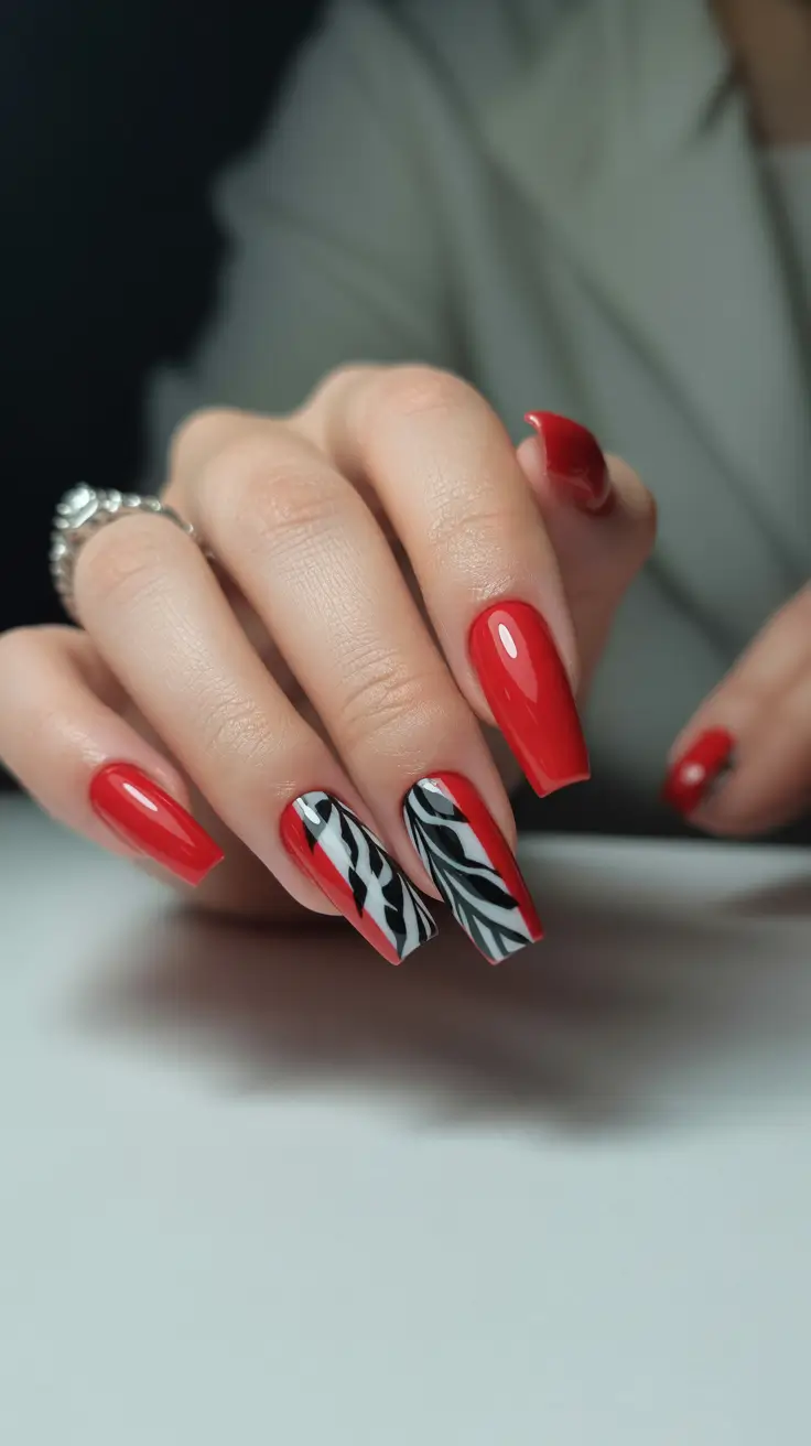 April nails color ideas 2026 Red Graphic Nail Design