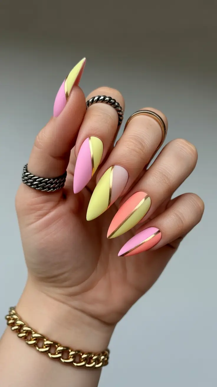 April nails color ideas 2026 Pastel Color Block Stiletto Nails