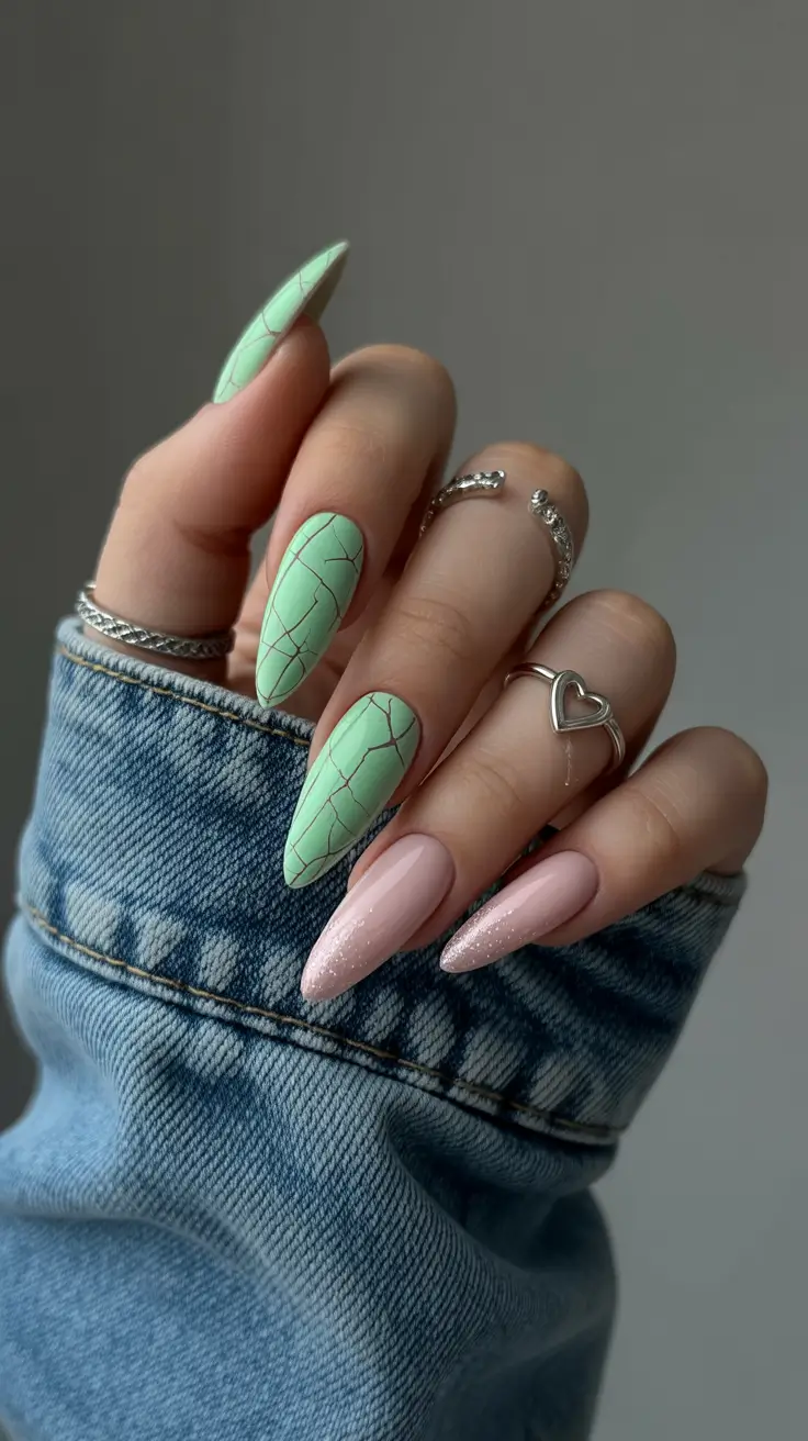 April nails color ideas 2026 Mint Marble Almond Nails