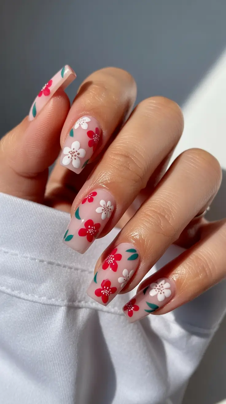 April nails ideas 2026 Romantic Floral Square Nails With Soft Spring Garden Vibes