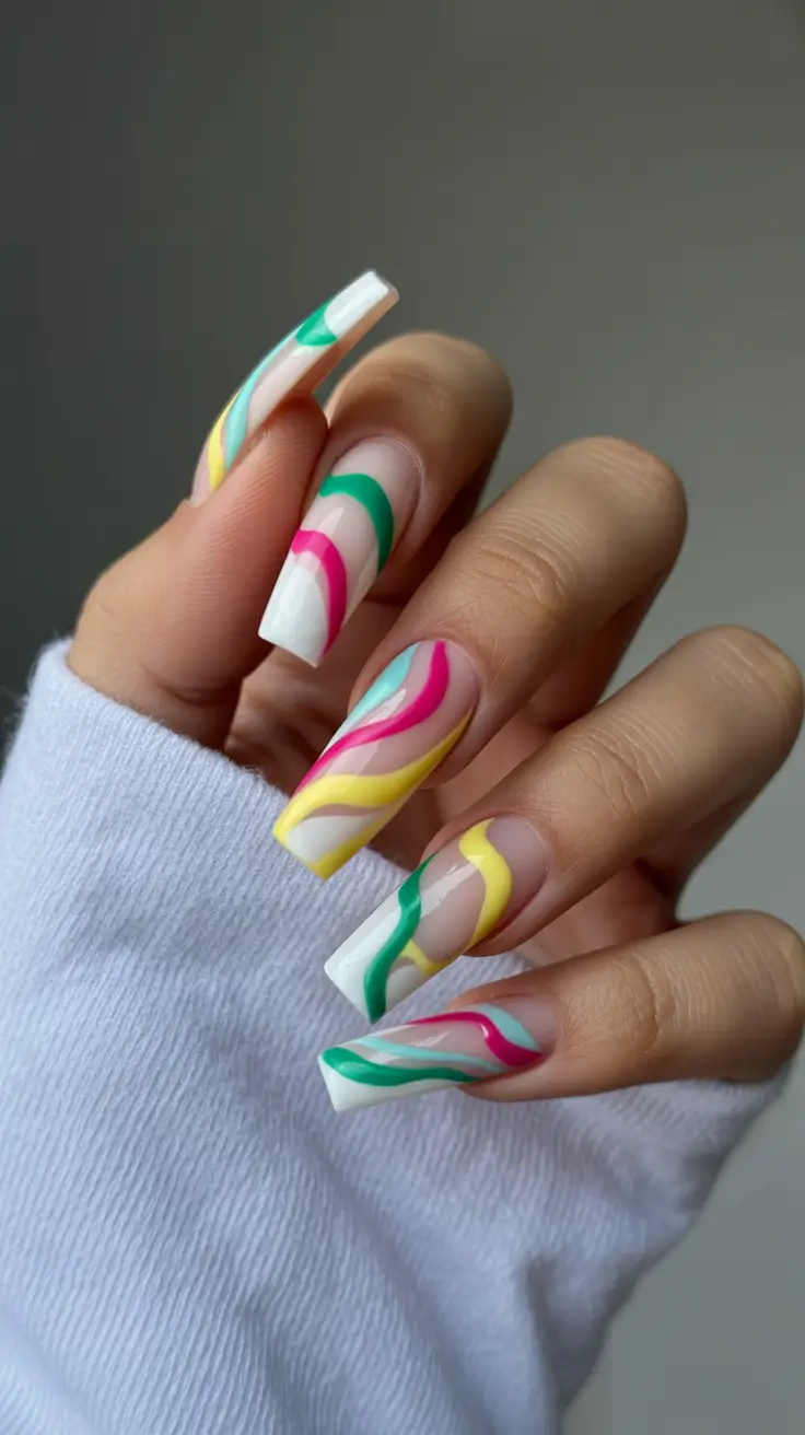 April nails ideas 2026 Playful Abstract Square Nails With Bright Spring Waves