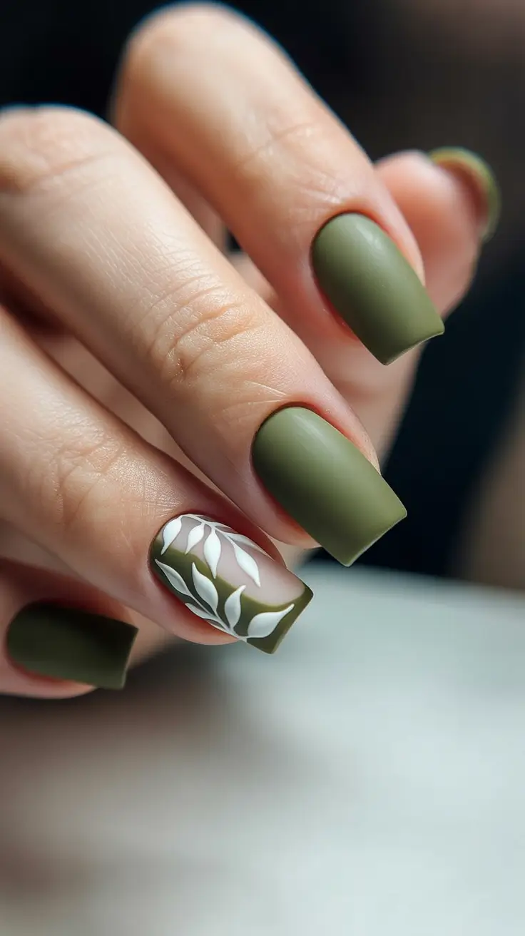 April nails ideas 2026 Minimal Olive Green Square Nails With Botanical Accent