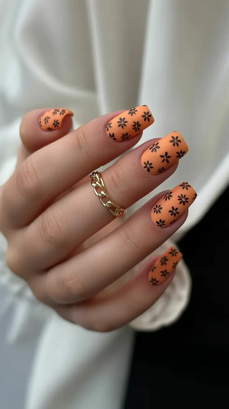 April nails ideas 2026 Warm Apricot Floral Square Nails With Vintage Spring Charm