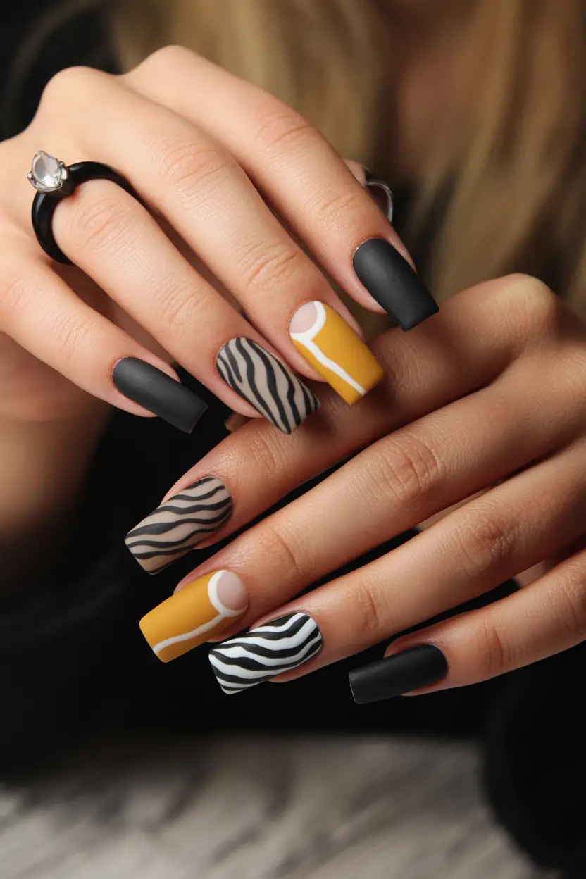April nails ideas 2026 Matte Black And Mustard Graphic Square Nails With Zebra Art