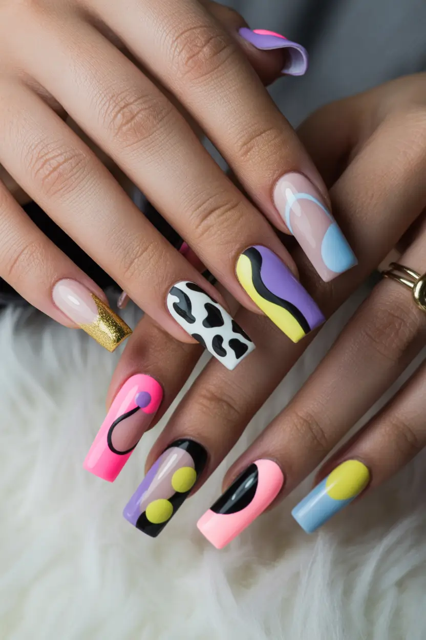 April nails ideas 2026 Playful Mixed Pattern Square Nails With Colorful Pop Art Energy