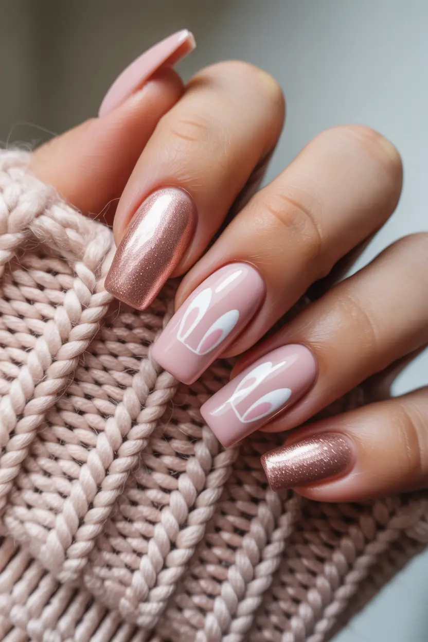 April nails ideas 2026 Soft Pink Easter Bunny Nails With Rose Gold Accent