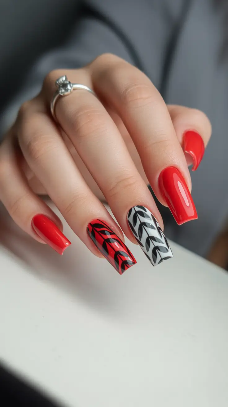 April nails ideas 2026 Bold Red Graphic Nails With Modern Botanical Art
