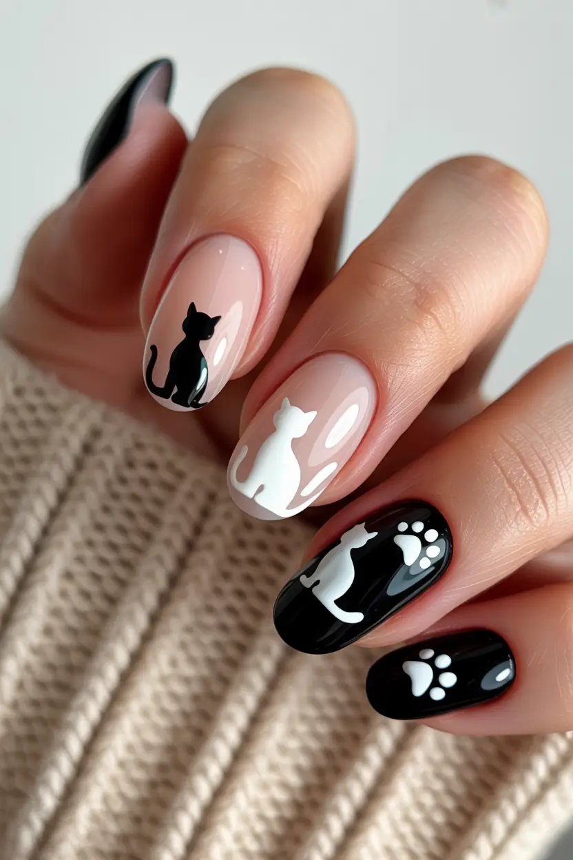 April nails ideas 2026 Minimal Cat Silhouette Nails With Graphic Black And White Contrast