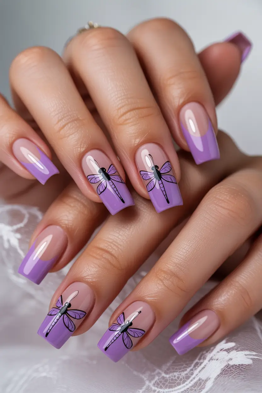 April nails ideas 2026 Lavender Dragonfly Square Nails With Delicate Spring Detail