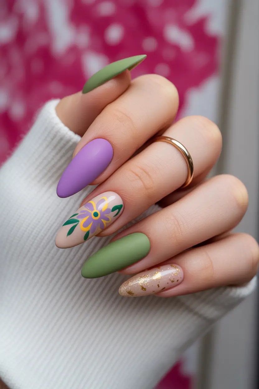 April nails ideas 2026 Matte Spring Mix Almond Nails With Floral Accent