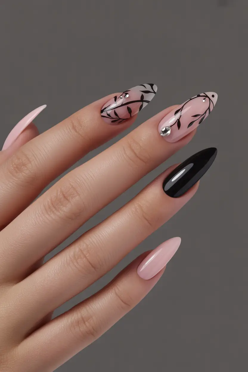 April nails ideas 2026 Elegant Black And Nude Botanical Almond Nails With Crystal Detail