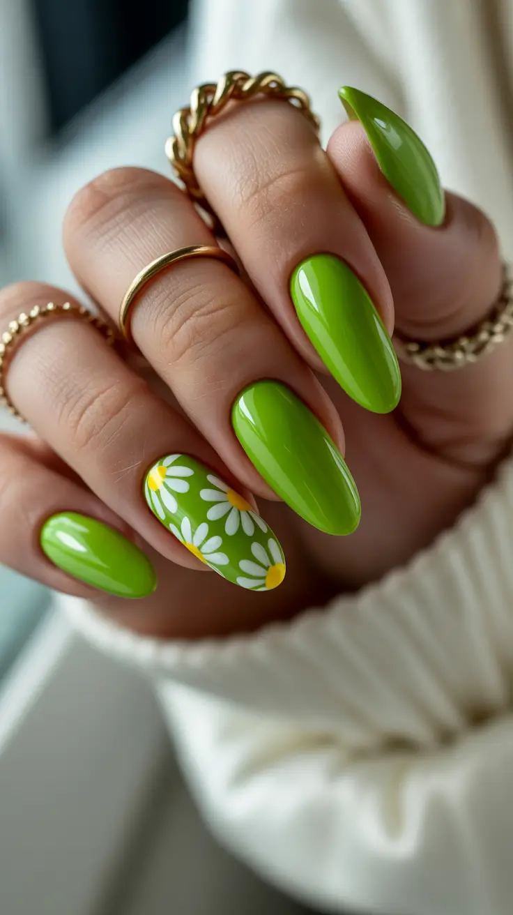 April nails ideas 2026 Fresh Green Daisy Almond Nails For Early Spring Energy
