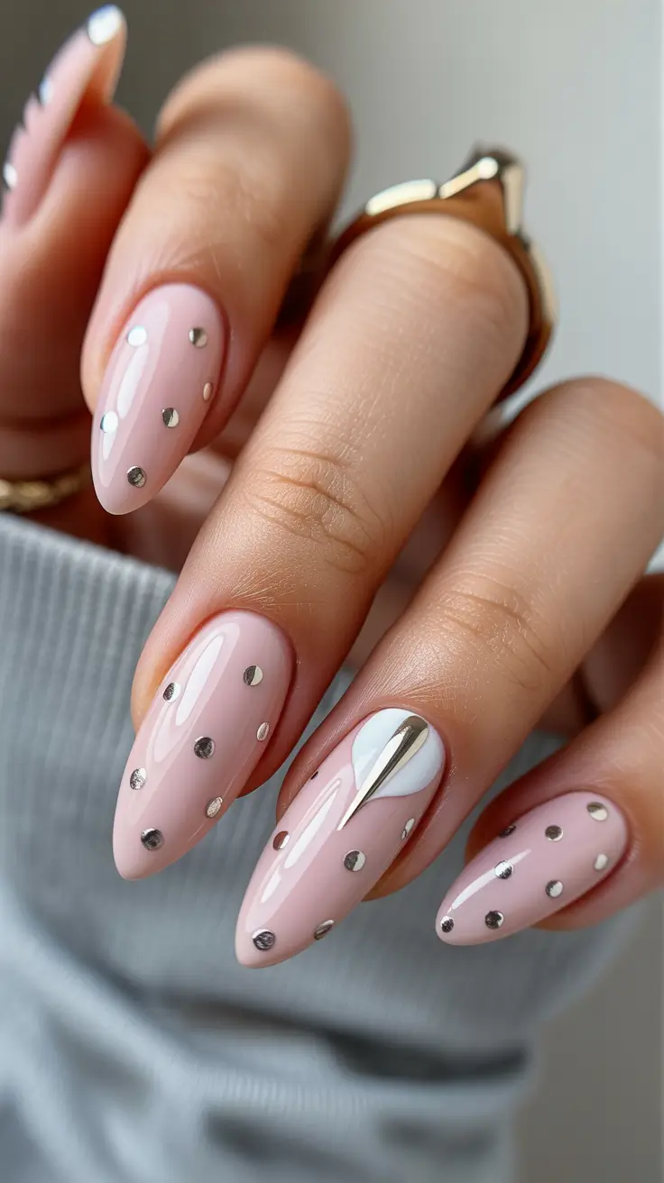 April nails ideas 2026 Soft Pink Studded Almond Nails With Modern Metallic Accents