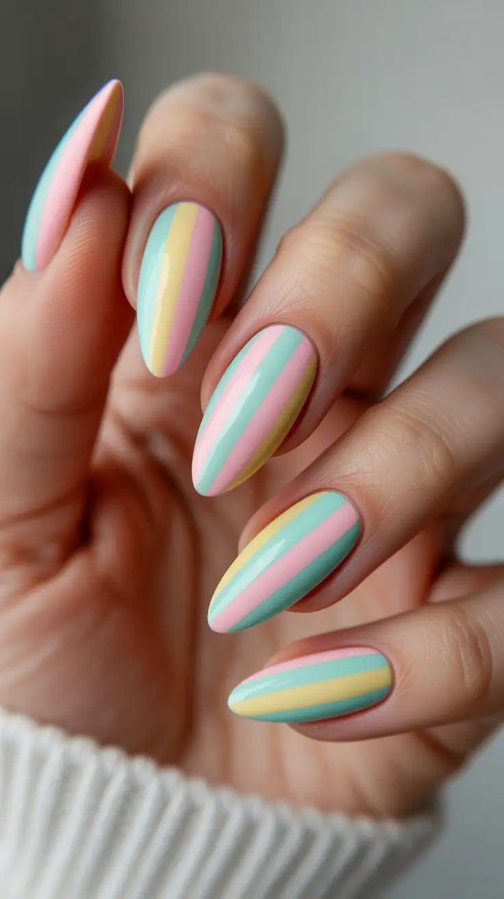 April nails ideas 2026 Pastel Stripe Almond Nails With Playful Spring Color