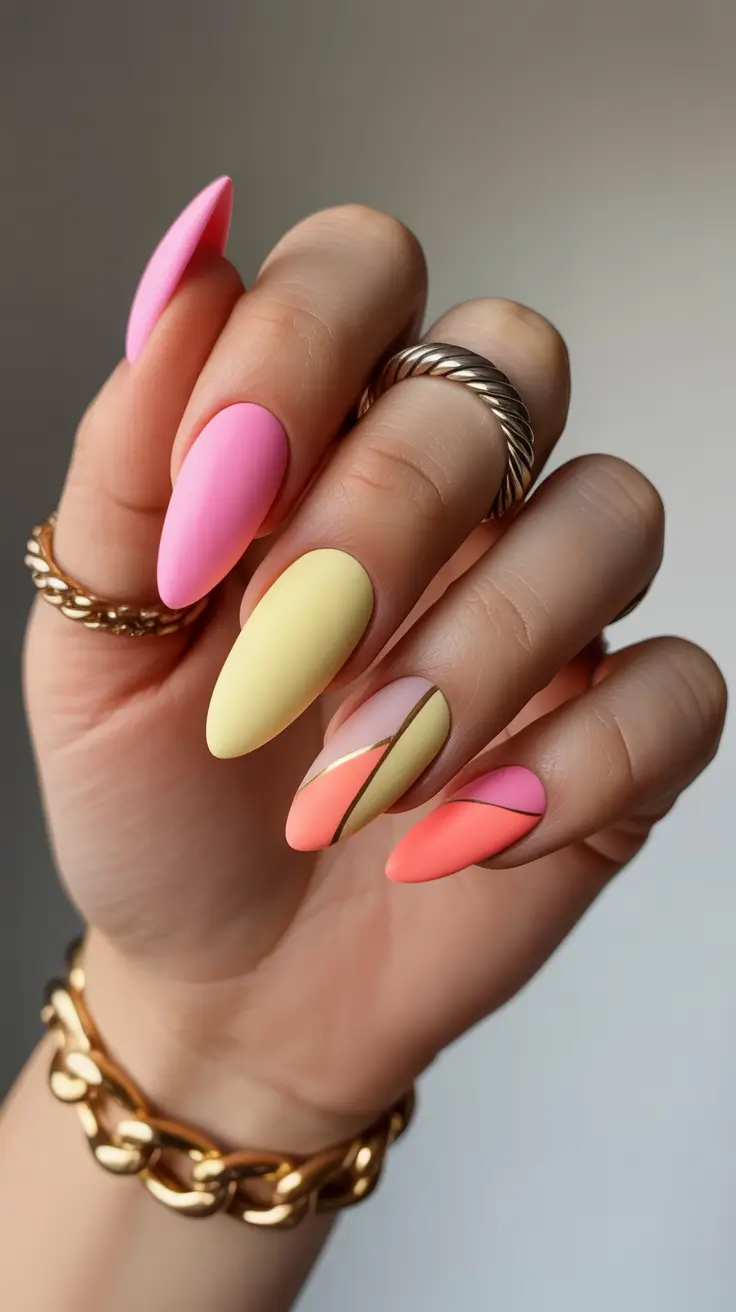 April nails ideas 2026 Matte Candy Pastel Almond Nails With Geometric Detail