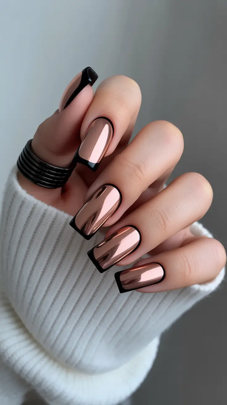 April nails ideas 2026 Modern Chrome Square Nails With Graphic Black Edges