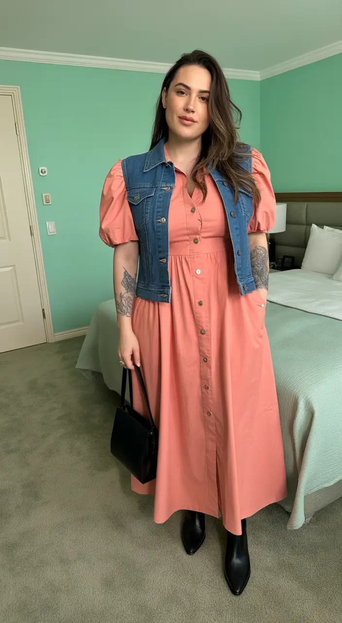 22 April outfits ideas 2026 Soft Coral Dress With Casual Denim Layer