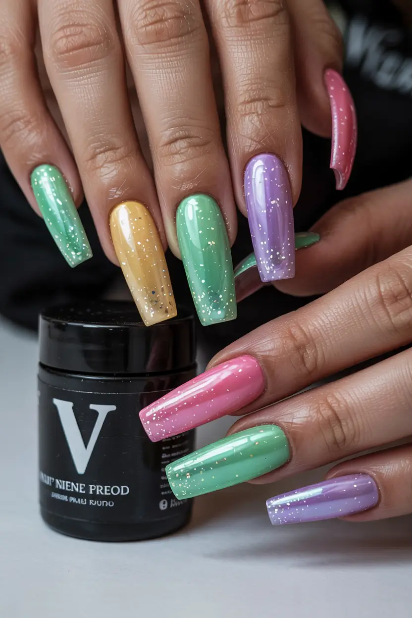spring nails coffin Pastel Rainbow Gloss with Glitter Accents