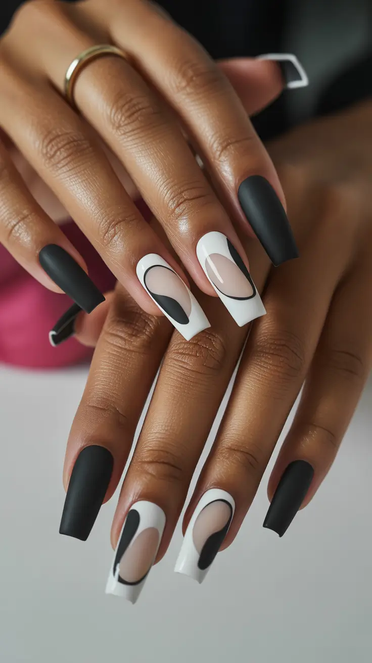 spring nails coffin Modern Graphic Black and White Abstract Coffin Nails