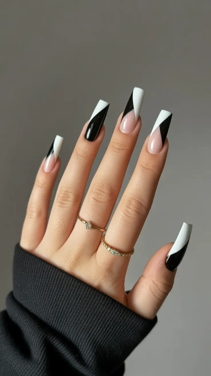 spring nails coffin Graphic Black and White Diagonal French