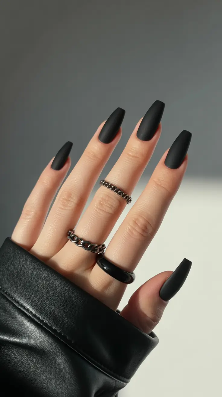 spring nails coffin Matte Jet Black Coffin Nails