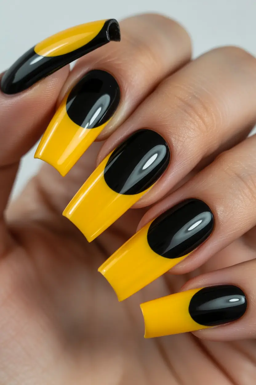 spring nails coffin Bold Yellow and Black Color Block