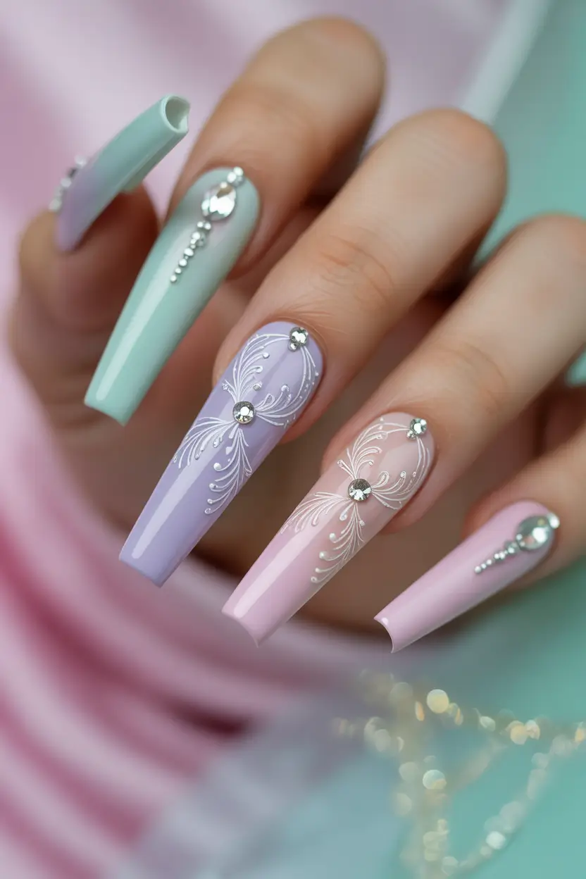 spring nails coffin Pastel Crystal Embellished Coffin Nails