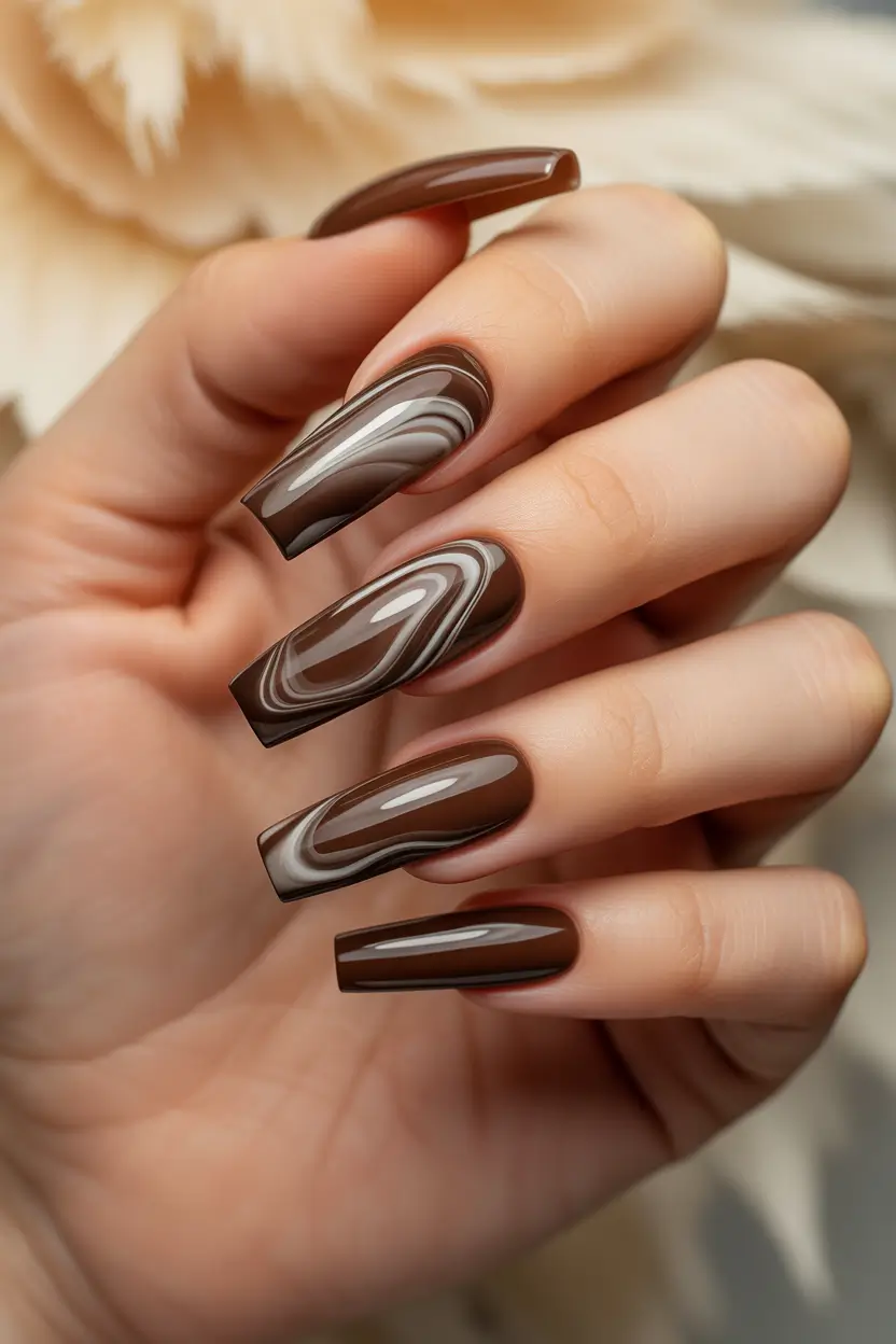 spring nails coffin Chocolate Swirl Coffin Nails